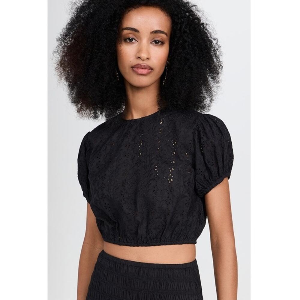 Playa Lucila Crew Top Black Crop Puff Sleeves Eyelet Size Small